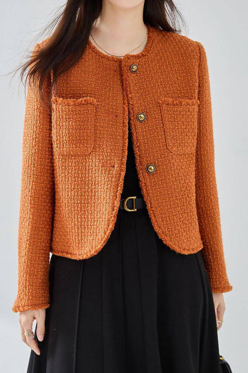 Mantón de tweed naranja Solapa con botón Abrigo de mujer recortado